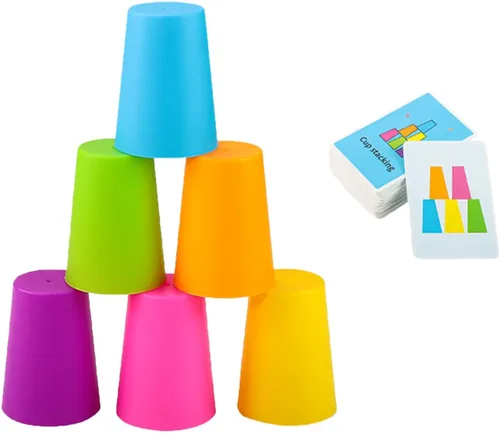 Vista 8 de Quick Cups Games for Kids Intelectual Flying Stack, juego interactivo para padres e hijos con 24 tarjetas de imagen, 30 tazas