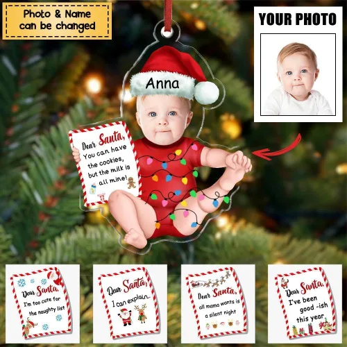 Vista 3 de Baby Letter Dear Santa You Can Have The Cookies - Adorno de Navidad de acrílico personalizado para subir la foto, adorno de Navidad para bebé 2023
