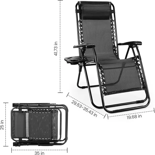 Vista 2 de Silla de gravedad cero Sweetcrispy, juego de 2 sillas reclinables portátiles para playa, camping, patio, exterior, plegables, con portavasos y Negro