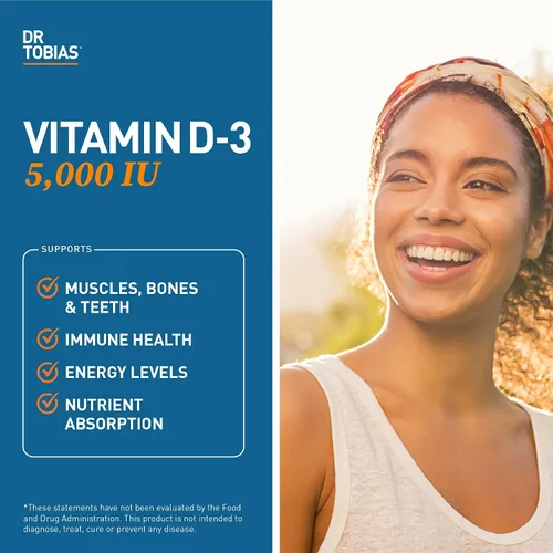 Vista 3 de Dr. Tobias Vitamina D3 5000 UI, esencial para huesos saludables, dientes y sistema inmunológico, suplemento de vitamina D extra fuerte, sin OMG, 90