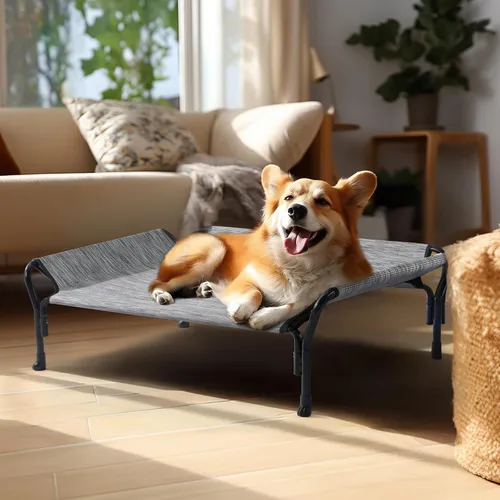Vista 7 de Veehoo Cama elevada refrescante para perro, cuna elevada para mascotas con barandilla y reposacabezas inclinado, malla Teslin transpirable duradera