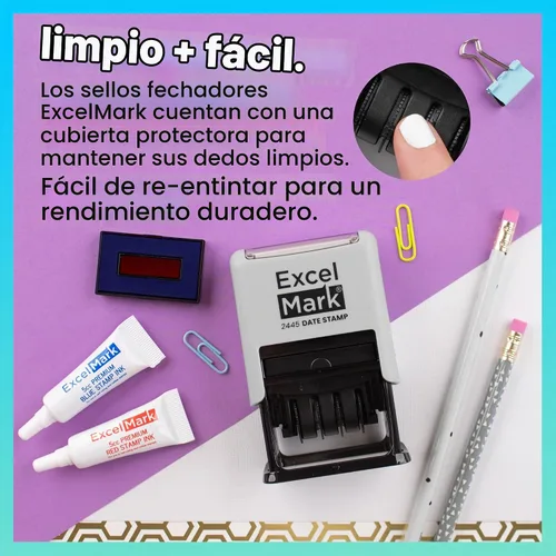 Vista 2 de ExcelMark 2445 Sello de fecha con texto – tinta azul y roja (montaje gris, aprobado)