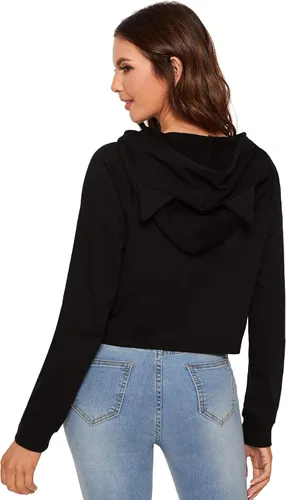 Vista 9 de Sudadera SweatyRocks corta con capucha, manga larga, con estampado de gato, para mujer