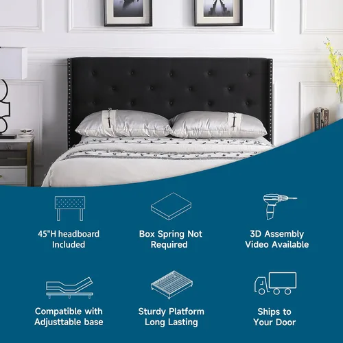 Vista 6 de Base de cama de plataforma tapizada tamaño King con cabecera de 45 pulgadas y base ajustable, cama de lino copetuda con botones, soporte de listones