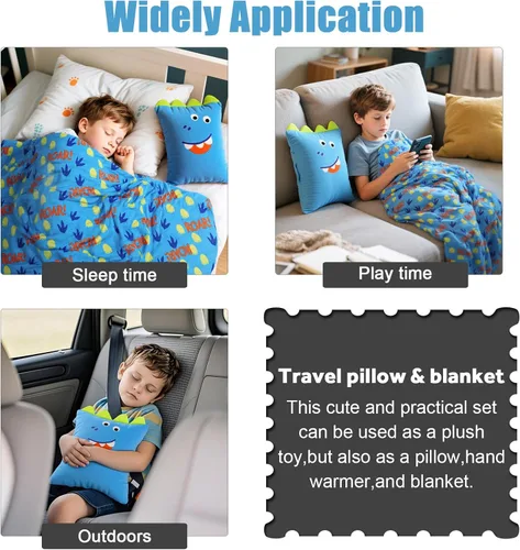 Vista 7 de Juego de almohada y cobija de viaje 3 en 1 para niños - 102x152cm, almohada de felpa con calentador de manos, cobija con diseño de dinosaurio