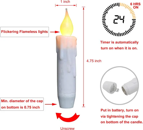 Vista 6 de CVHOMEDECO. Velas cónicas parpadeantes LED, velas sin llama con goteo, operadas por batería con temporizador, blancas, 4-3/4 pulgadas, juego de 2