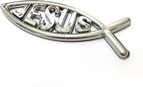 Vista 6 de MEETCUTE 2 calcomanías de pez Jesús plateadas, 3D cromadas para coche, calcomanía para emblema religioso de Dios para Jesús, símbolo de pez cristiano