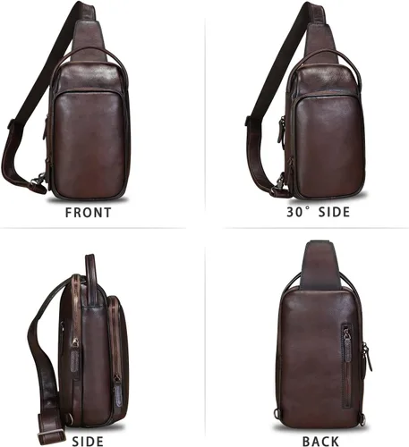 Vista 4 de LRTO Bolso bandolera de cuero genuino para senderismo, mochila retro hecha a mano cruzada en el pecho, bolsa de hombro antirrobo