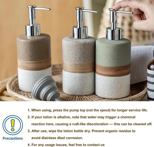 Vista 7 de Juego de dispensador de jabón de cerámica con embudo de silicona, jabón de manos, champú, gel de baño, dispensador de loción para cocina y baño