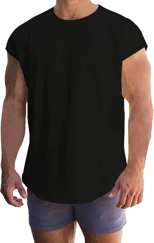 Vista 5 de Camiseta de manga casquillo para hombre, camiseta sin mangas para gimnasio, fisicoculturismo, atlética, corte muscular, ajuste holgado, verano