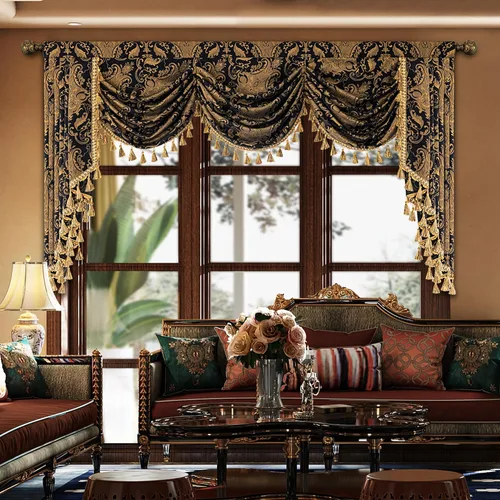 Vista 28 de Loom and Mill Cenefa de cascada de lujo de jacquard para sala de estar, elegantes cenefas de ventana con festones y cuentas damascadas, cortinas
