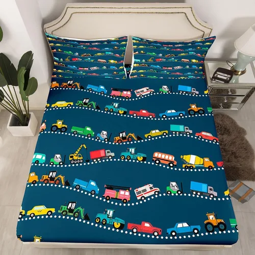 Vista 19 de Juego de sábanas bajeras ajustables para niños, diseño de caricaturas, camiones, tamaño individual, juegos de ropa de cama de excavadoras, camiones