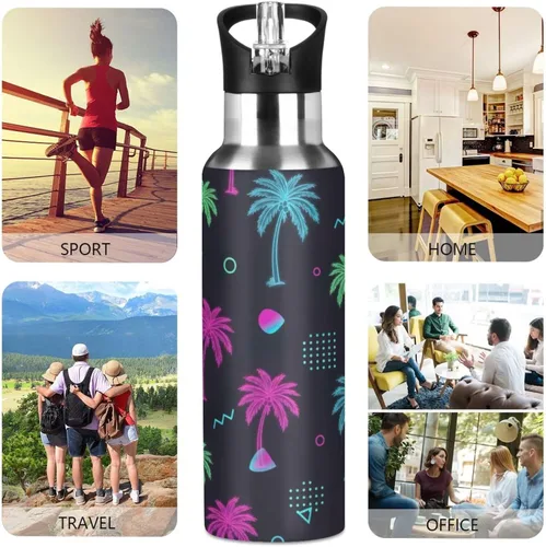 Vista 5 de Tropical Palm Trees - Botella de agua de acero inoxidable con aislamiento de neón con pajilla, 32 onzas, sin BPA, botella de agua deportiva a prueba