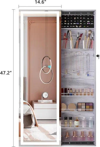 Vista 2 de Lvifur Armario de joyería LED con espejo de longitud completa armario organizador de joyas de gran capacidad espejo con cerradura con almacenamiento