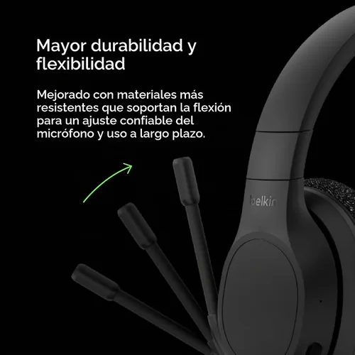 Vista 9 de Belkin Auriculares inalámbricos SoundForm Adapt, micrófono Boom, batería 45H Auriculares sobre la oreja, diseño plegable, USB-C y opción con cable