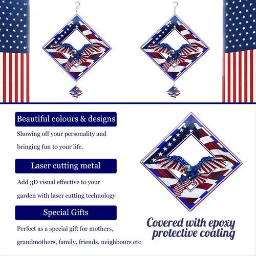 Vista 6 de Hilanderos de Águila para Patio y Jardín, Hilandero de Viento Colgante, Atrapadores de Viento 3D de Metal, Hilandero Cinético de Bandera Americana