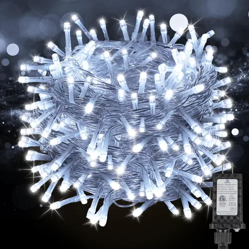 Vista 13 de Luces de Navidad de 100 pies con 300 LED enchufables, luces de hadas impermeables para exteriores e interiores con temporizador y 8 modos, luces