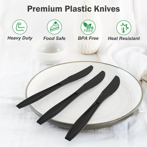 Vista 4 de Dealusy 360 cuchillos de plástico negro extra resistentes, desechables, sin BPA, resistentes al calor, cuchillos desechables sólidos y duraderos a