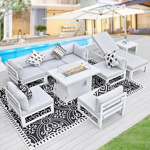 Vista 67 de BULEXYARD - Sofá modular de aluminio para exteriores con mesa para fogata, 7 piezas, color verde azulado