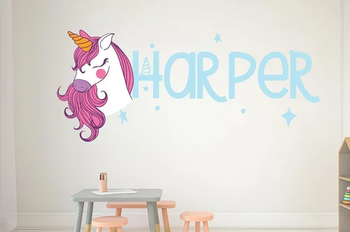 Vista 5 de Calcomanías de pared personalizadas de unicornio para dormitorio de niñas, calcomanías de pared con nombre personalizado de unicornio, decoración