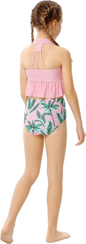 Vista 6 de GERU Traje de baño de 2 piezas con volantes y cuello halter de cintura alta para niñas