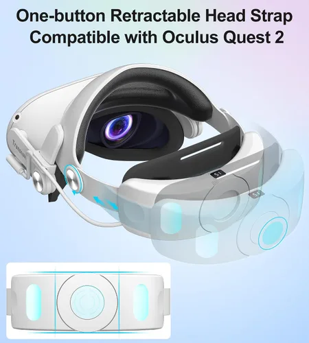 Vista 2 de TRANSNOVO Retractable VR Head Strap with 6000mAh Battery for Oculus Quest 2,One-Button Adjustable Elite Strap Replacement for Meta Quest, Enhanced