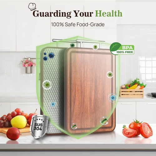 Vista 7 de Tabla de Cortar de Acero Inoxidable y Madera de Doble Cara Tablas de Cortar para Cocina - 2 en 1 Ébano Metal con Mango Resistente a Rayones Carne