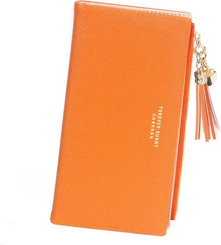 Vista 7 de Cartera delgada para mujer, bolso de mano, tarjetero con borla, bolsillo con cremallera Negro