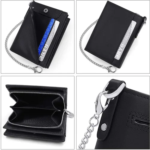 Vista 2 de gzcz Billeteras para hombre con cadena de cuero genuino plegable para hombre Rfid bloqueo monedero con tarjeta de crédito, Negro -, Moderno