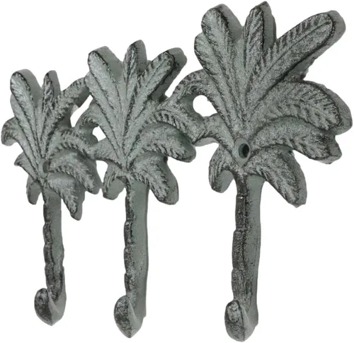 Vista 5 de Ebros Gift Paquete de 2 figuras de hierro fundido Verdigris Tropical Paradise Beach, 3 palmeras de coco, 3 clavijas, ganchos de pared triples