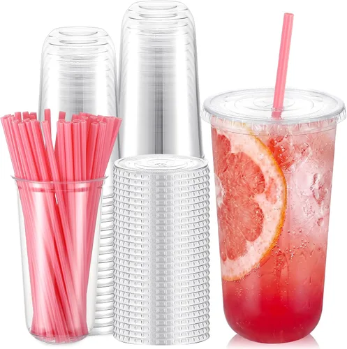 Vista 9 de Ziliny Juego de 50 vasos de plástico de paja negra con pajitas y tapas en forma de corazón, tazas desechables para café helado, mascotas