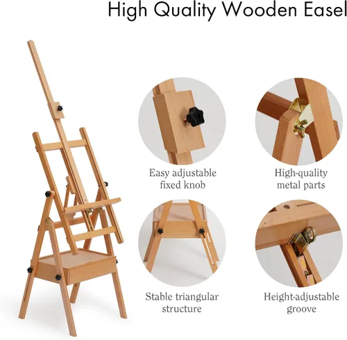 Vista 7 de ARTIFY - Caballete de madera grande con marco en H, soporte de lona resistente de madera de haya, uso horizontal y vertical, para acrílico, aceite