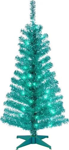 Vista 9 de árbol de Navidad, de 4 pies, con hojas de espumillón azules, soporte plástico y 70 luces claras (TT33-304-40), de National Tree