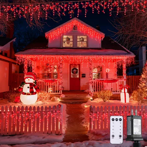 Vista 14 de JMEXSUSS 400 luces LED de Navidad de carámbano de 38.8 pies con control remoto, tira de luces multicolor para exteriores enchufables, 8 modos