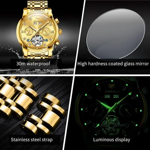 Vista 5 de JSDUN Relojes para hombre automático de cuerda automática, reloj de pulsera mecánico, multicalendario, acero inoxidable, mes, fecha, semana