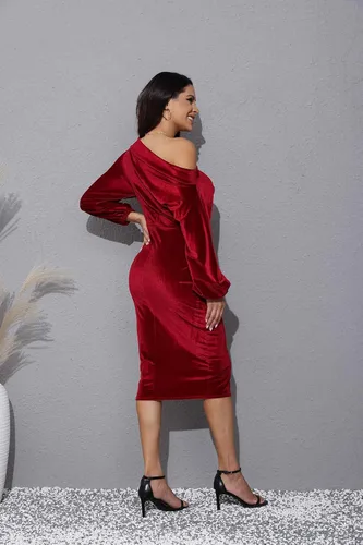 Vista 5 de Vestido Salimdy de manga larga de terciopelo altura a la rodilla ajustado hombro descubierto sexy para fiesta para mujer