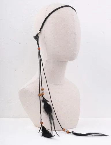 Vista 3 de Jumwrit Diadema de plumas bohemias, diadema india hippie gitana, tocado con borlas de plumas negras, cuerda de cáñamo con cuentas, accesorios