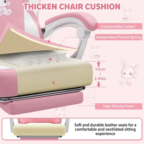 Vista 5 de Silla de juegos rosa para niñas y niños, sillas de computadora de masaje con lindo conejito Cute Silla Gamer 135° Reclining Game Cahir with