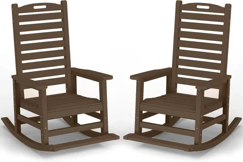 Vista 19 de PLUUV Silla mecedora de exterior con reposapiés extraíble para adultos, sillas mecedoras de patio de respaldo alto HDPE, sillas mecedoras de porche
