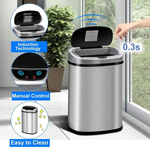 Vista 4 de Cubo de basura automático de acero inoxidable de 13 galones con tapa, sensor de movimiento, para cocina, hogar, oficina, sala de estar, dormitorio