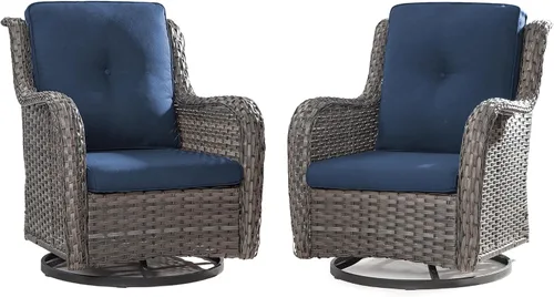 Vista 62 de Juego de 2 sillas de patio giratorias de 360 grados para exteriores y mesa auxiliar a juego – 3 sillas deslizantes de mimbre para patio con cojines