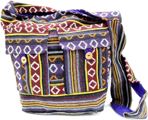 Vista 2 de Bandolera hecha a mano de algodón multicolor para mujer, estilo hippie, estilo bohemio, Malva y marrón, L, Duradero