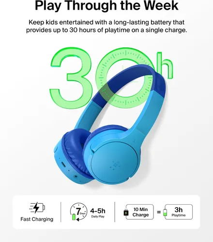 Vista 3 de Belkin SoundForm Mini - Auriculares inalámbricos Bluetooth para niños, batería de 30 horas, límite de volumen seguro de 85 dB, micrófono integrado