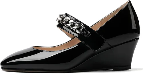 Vista 2 de WAYDERNS Zapatos de tacón bajo Mary Jane con cordones y cadena de metal con punta cuadrada para mujer, zapatos de tacón bajo, 2 pulgadas