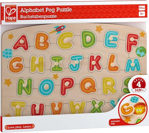 Vista 2 de Hape Juego de rompecabezas de clavijas del alfabeto, multicolor, 5 x 2 pulgadas