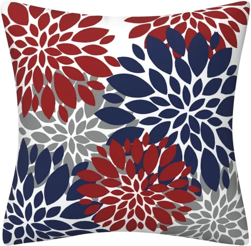 Vista 2 de Juego de 2 fundas de almohada decorativas de dalia azul marino, rojo, gris, dalia floral, para interiores y exteriores, funda de almohada de Floral 1