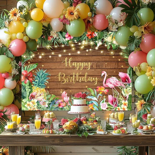 Vista 2 de Avezano Fondo de cumpleaños de flamenco tropical para niñas, decoración de fiesta hawaiana, verano, madera, hojas florales, luces, luau, fiesta