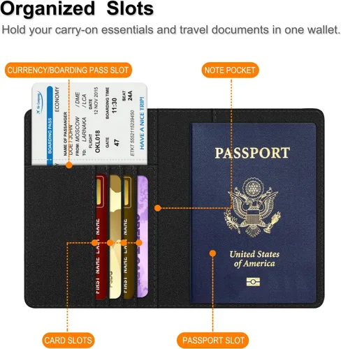 Vista 4 de Fintie - Funda para tarjetas y pasaporte, de piel sintética, bloqueo RFID, cartera de viajes (mezclilla negra)