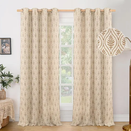 Vista 17 de BGment - Cortinas francesas de campo amarillas mostaza de 63 pulgadas de largo para dormitorio, patrón botánico de jacquard de hojas, estilo rústico