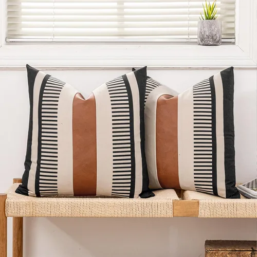 Vista 31 de Juego de 2 fundas de almohada bohemias a rayas de 16 x 16 pulgadas, fundas de almohada de cuero modernas para sofá, cama, decoración de granja